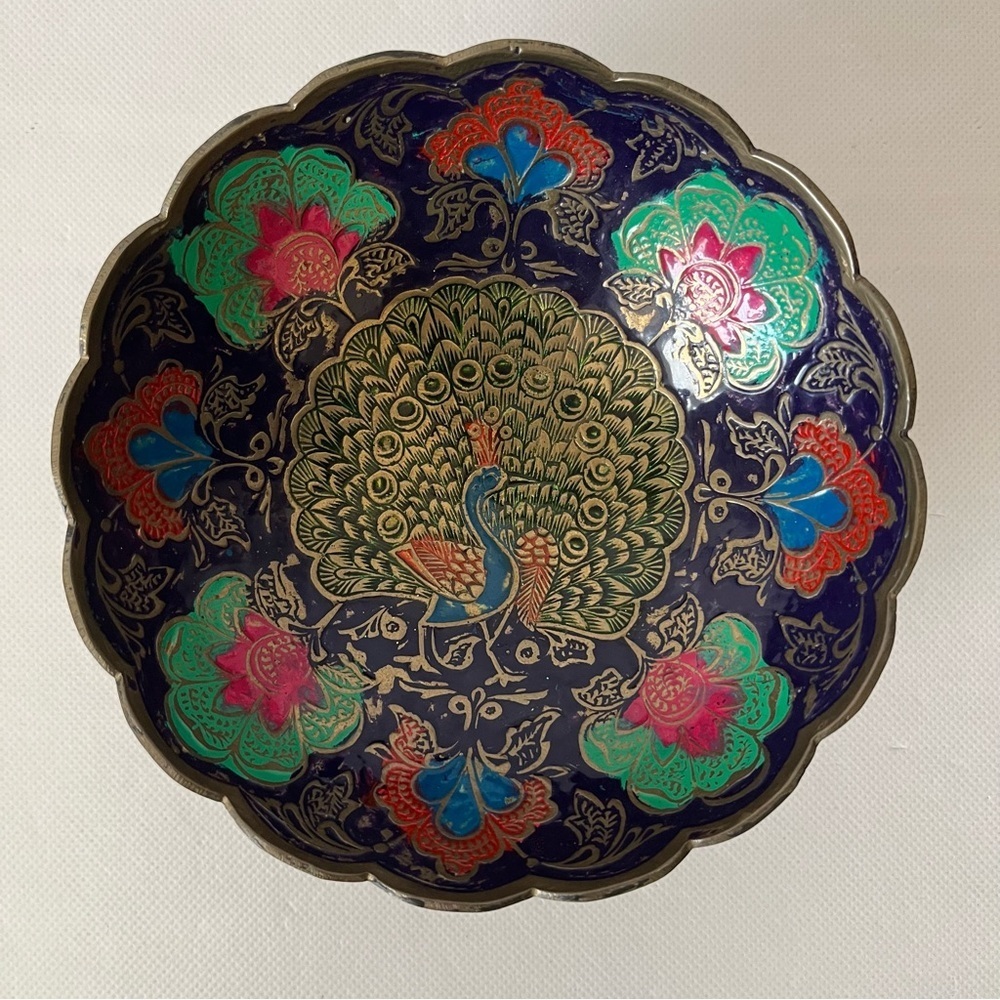 Vintage Brass Enamel Peacock Bowl Dish